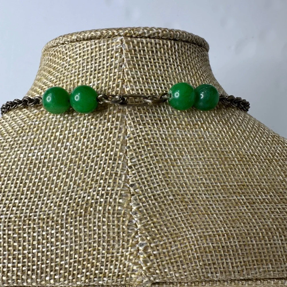 Vintage Tassel Necklace Green Plastic Beaded Gold‎ Tone Textured Shell Statement